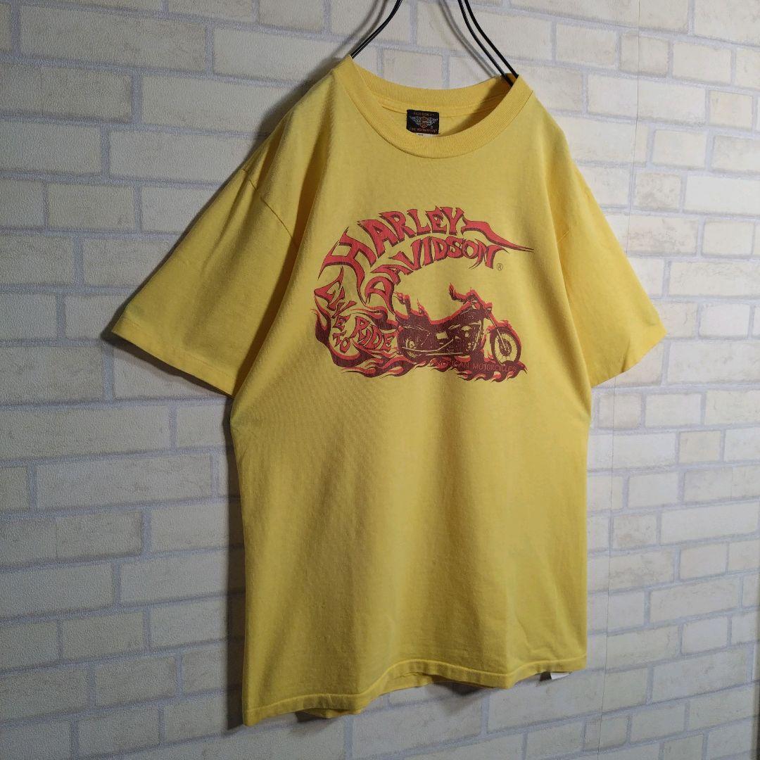 ハーレーダビッドソン★USA製 バイク柄 シングルステッチ 半袖Tシャツ 黄 L