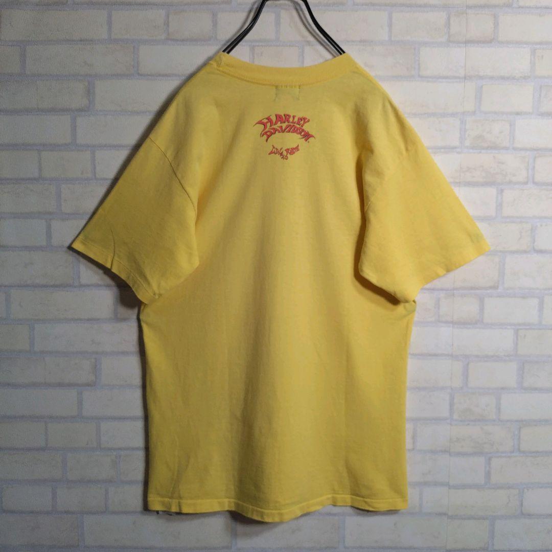 ハーレーダビッドソン★USA製 バイク柄 シングルステッチ 半袖Tシャツ 黄 L
