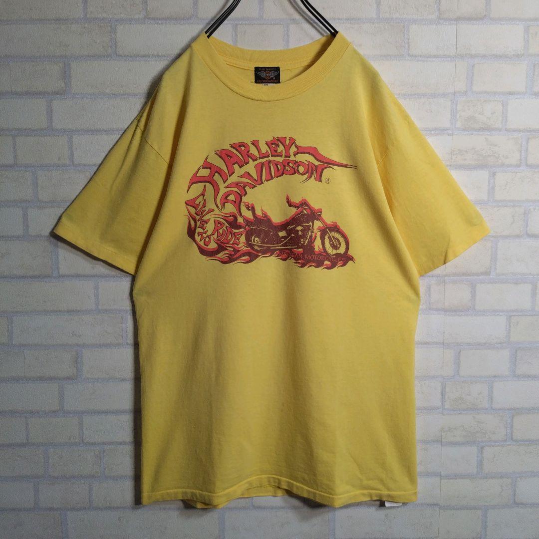 ハーレーダビッドソン★USA製 バイク柄 シングルステッチ 半袖Tシャツ 黄 L