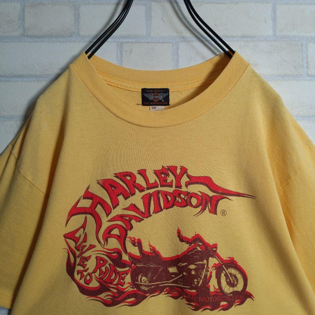 ハーレーダビッドソン★USA製 バイク柄 シングルステッチ 半袖Tシャツ 黄 L