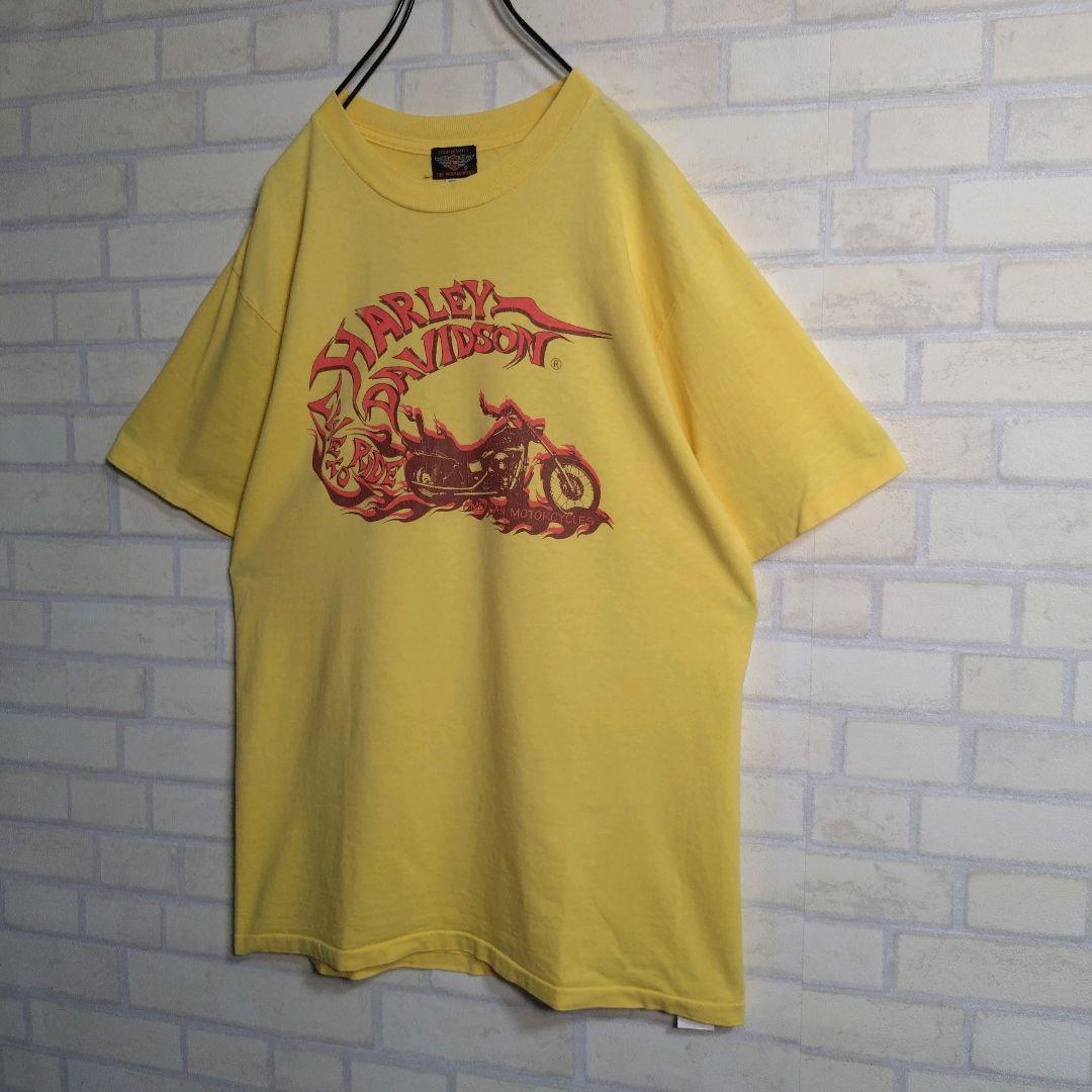ハーレーダビッドソン★USA製 バイク柄 シングルステッチ 半袖Tシャツ 黄 L