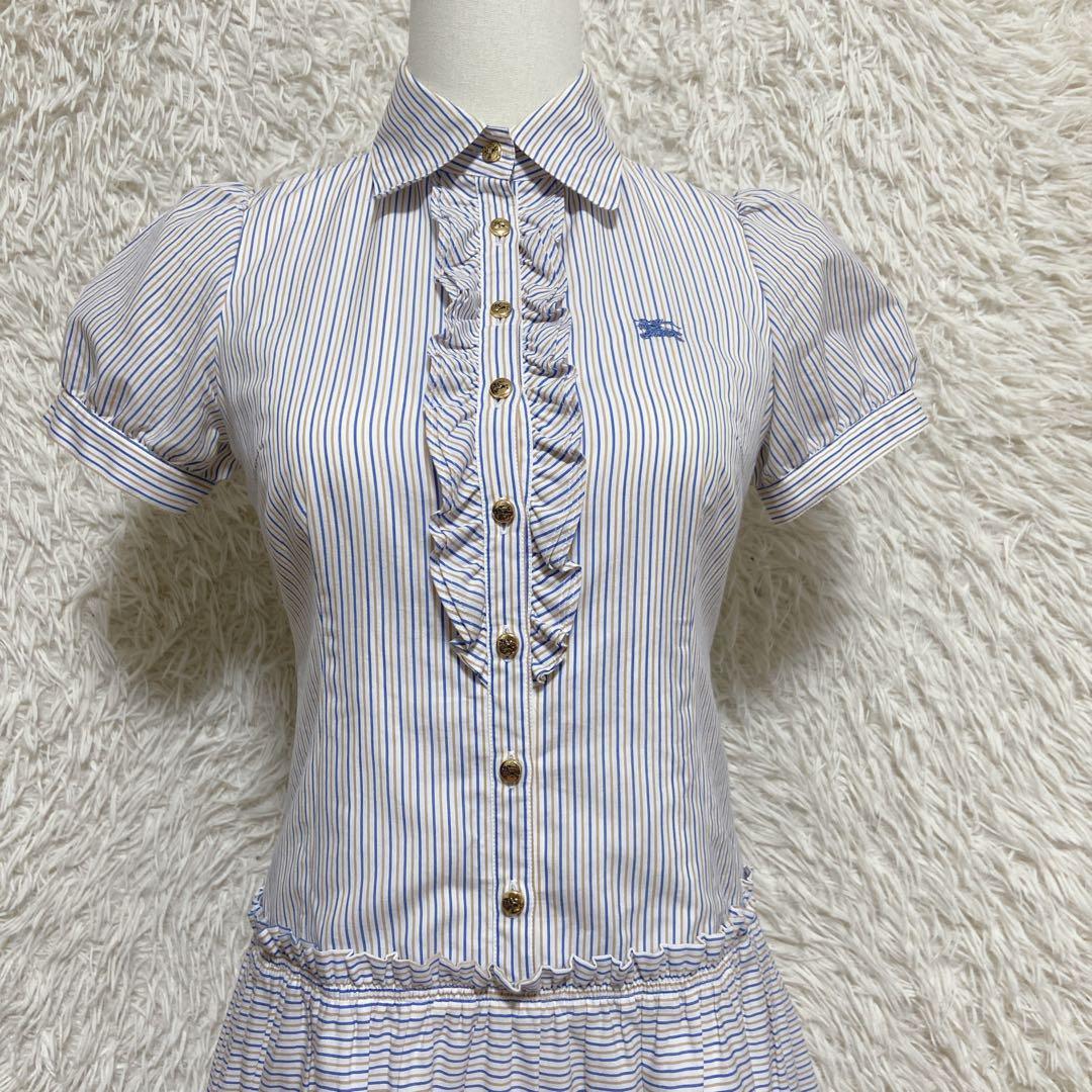 バーバリーブルーレーベル シャツワンピース ストライプ Aライン フリル