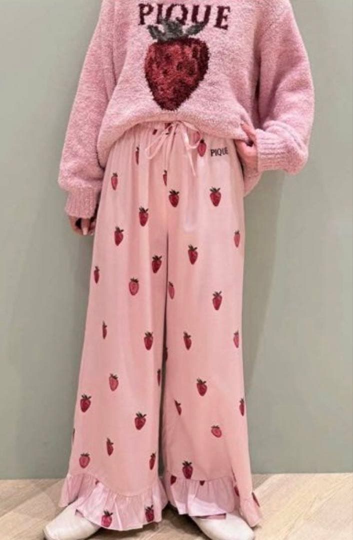 【新品】ジェラートピケ　ストロベリージャガードプルオーバー&ツイルロングパンツ