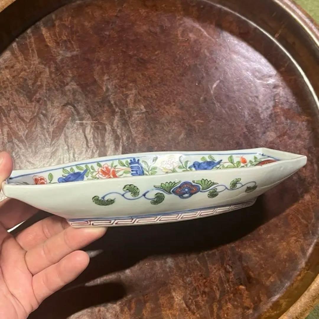古伊万里　色絵　長皿　上手　赤絵　花唐草　牡丹唐草　柿右衛門　鮎皿　舟皿
