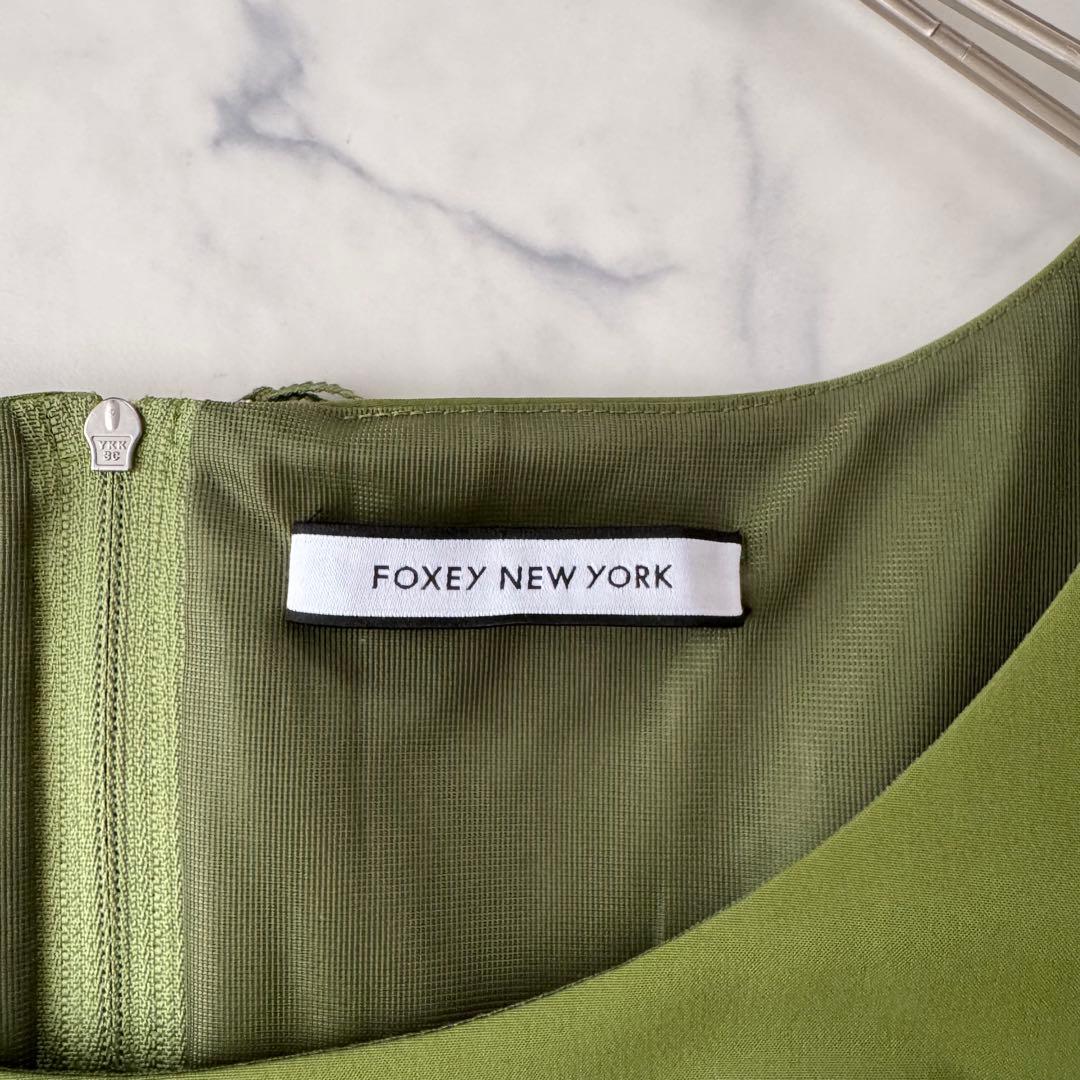 極美品✨フォクシー ギャザー フレア ワンピース 半袖 ひざ丈 グリーン 38