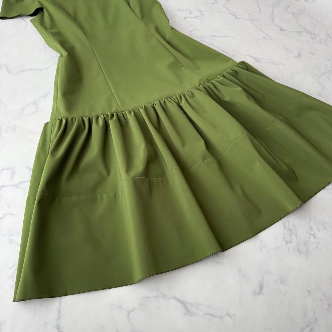極美品✨フォクシー ギャザー フレア ワンピース 半袖 ひざ丈 グリーン 38