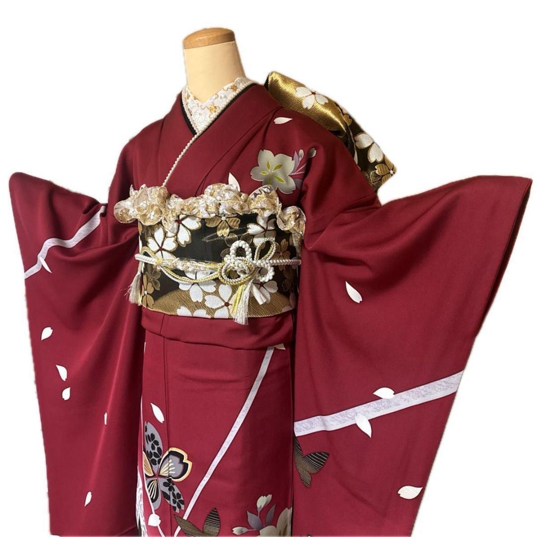 えんじ×こげ茶♡蝶×桜レトロモダン♡振袖フルセット　成人式