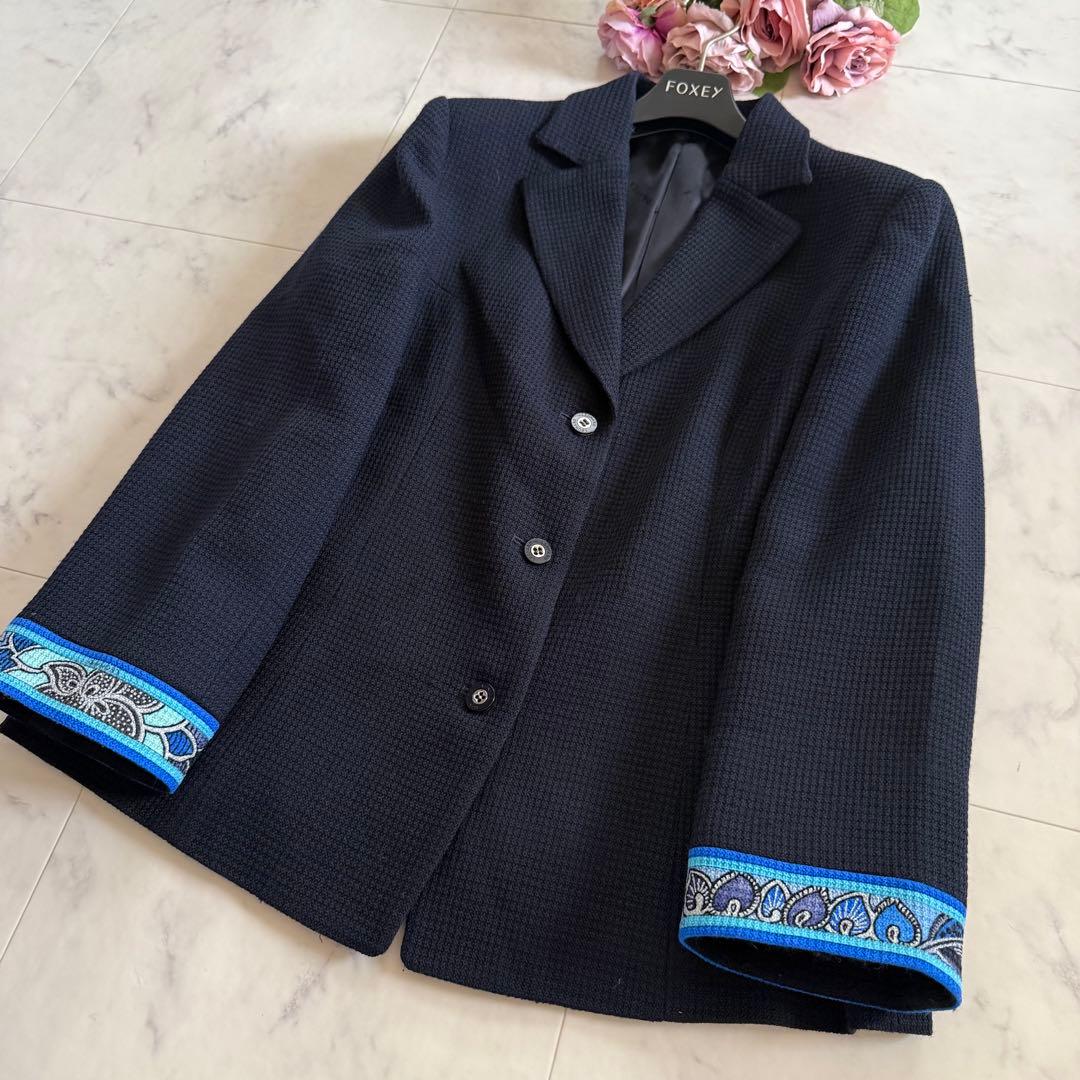 美品★レオナール ツイード ジャケット 花柄 トリム ネイビー 大きいサイズ42