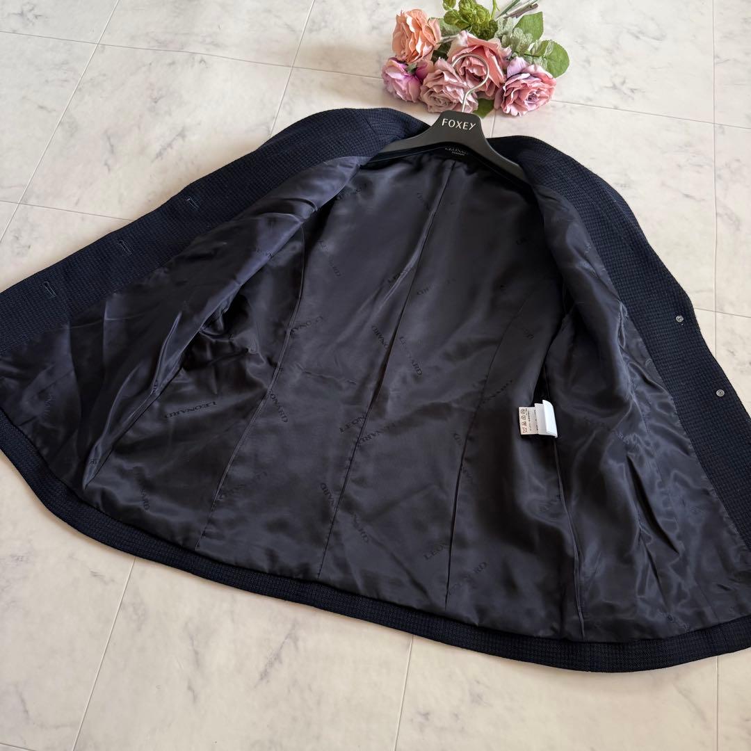 美品★レオナール ツイード ジャケット 花柄 トリム ネイビー 大きいサイズ42