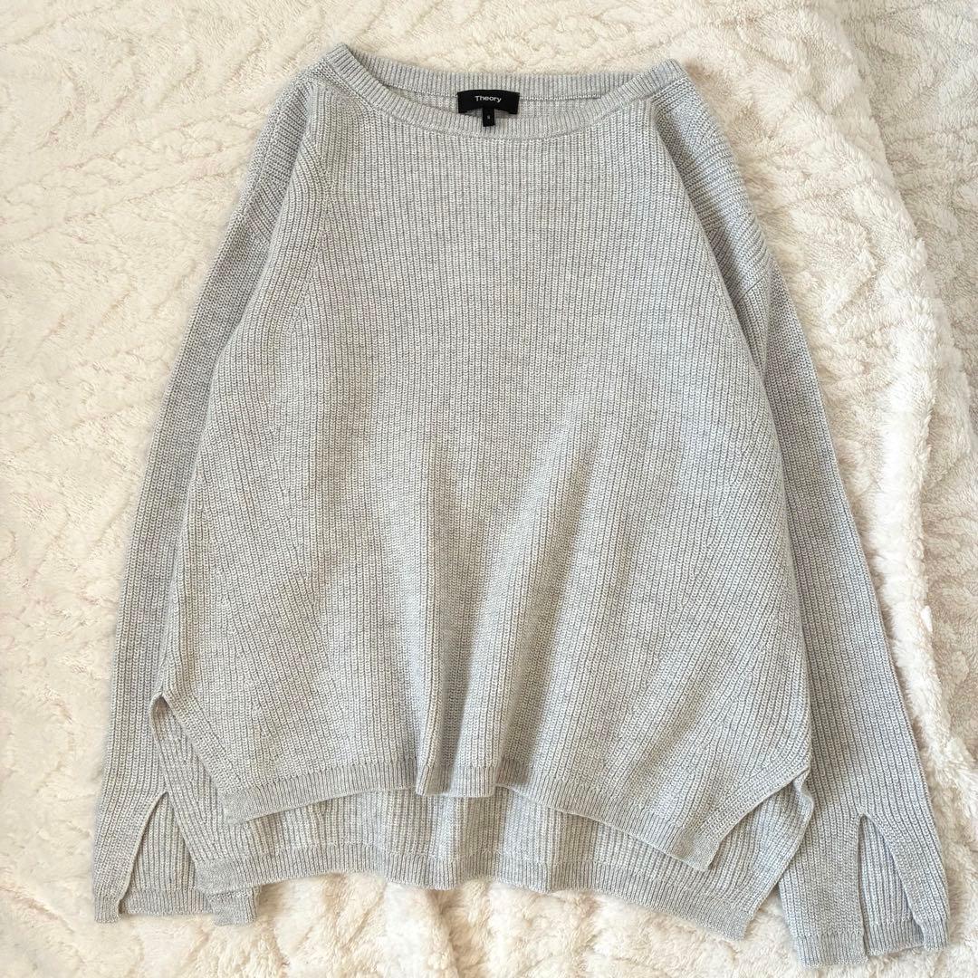 【美品】theory セオリー　綿　カシミヤ　ボートネック　ニット　ライトグレー
