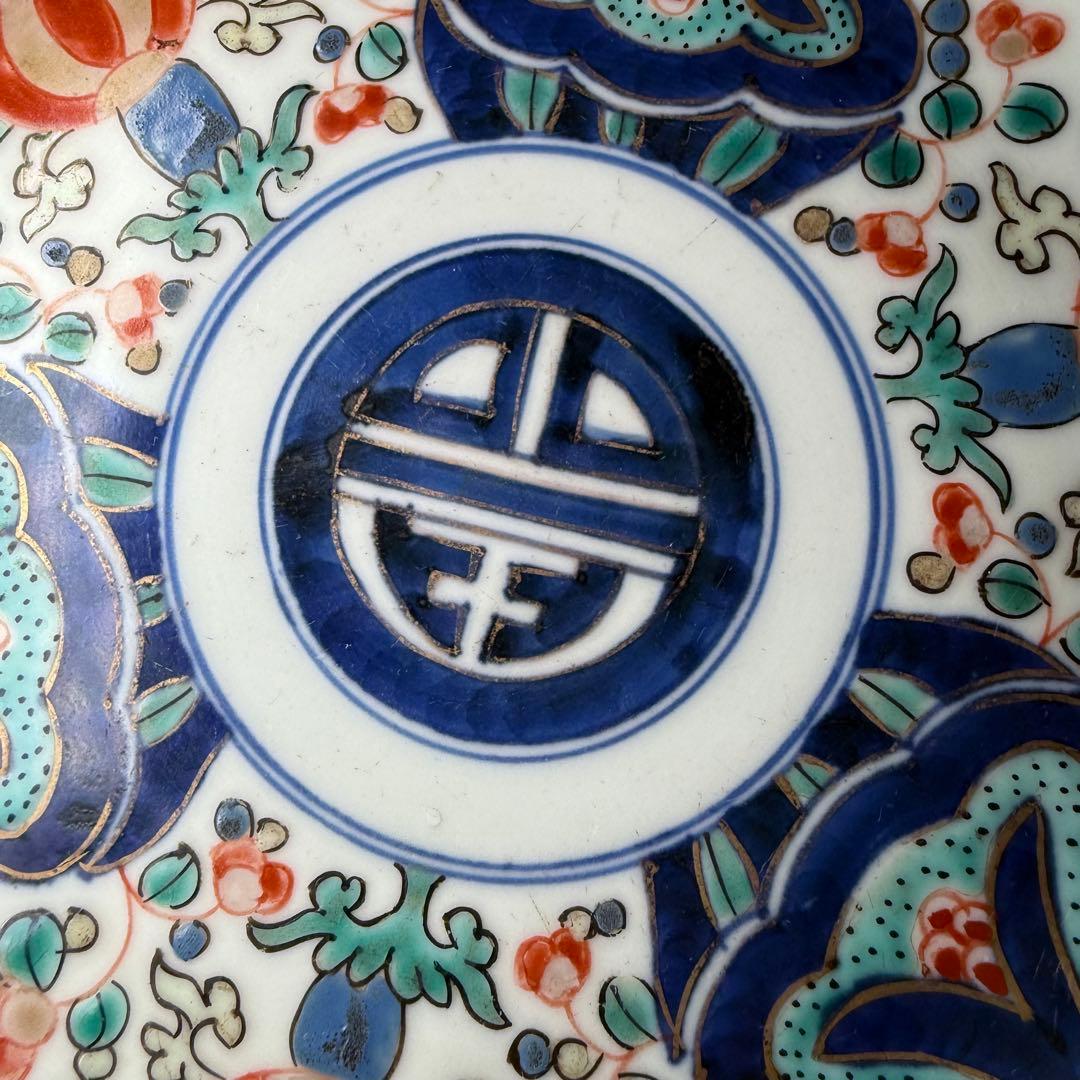 江戸時代　古伊万里　色絵三方花唐草文様皿　五枚　「太明年製」　直径17.6cm