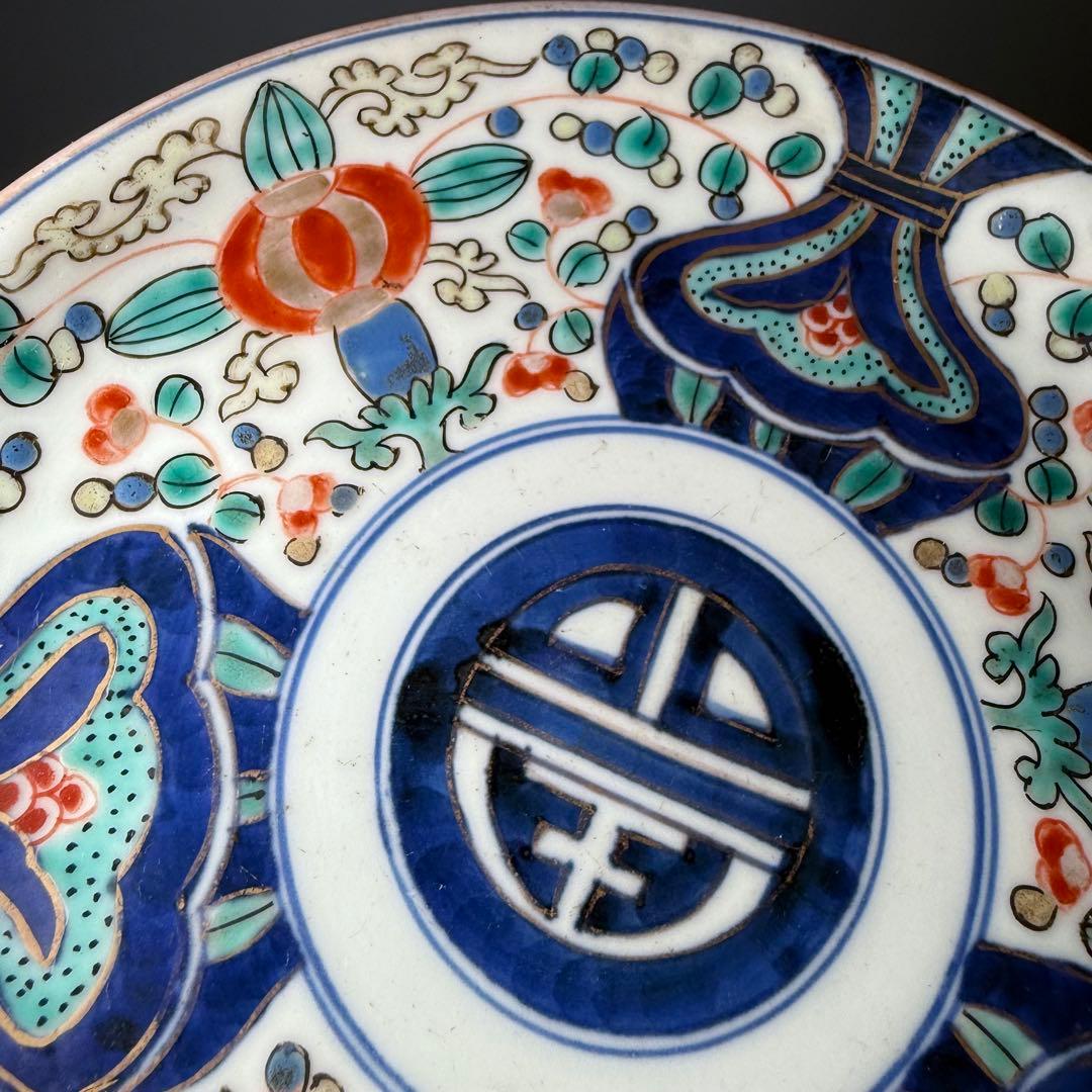 江戸時代　古伊万里　色絵三方花唐草文様皿　五枚　「太明年製」　直径17.6cm