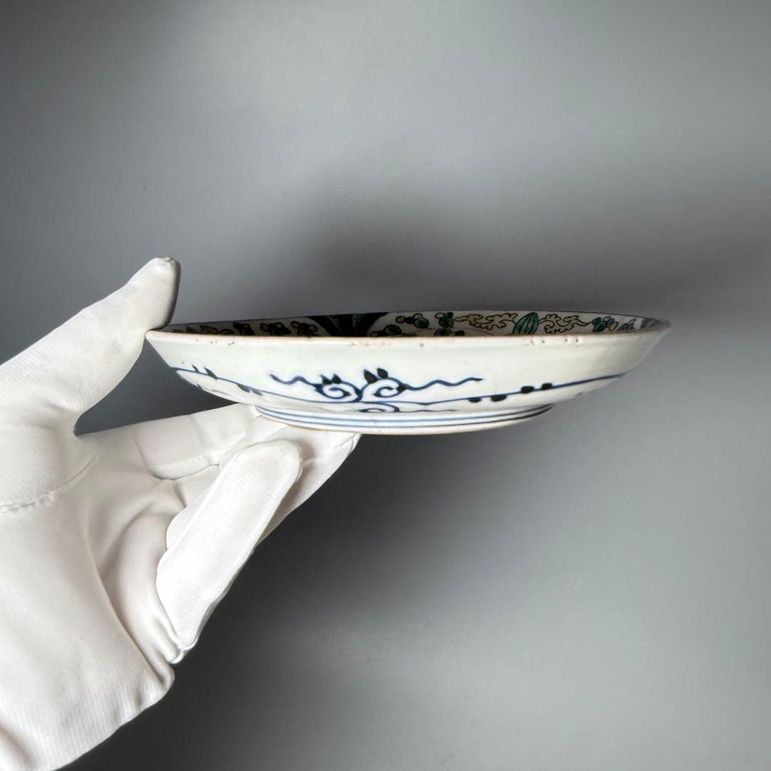 江戸時代　古伊万里　色絵三方花唐草文様皿　五枚　「太明年製」　直径17.6cm