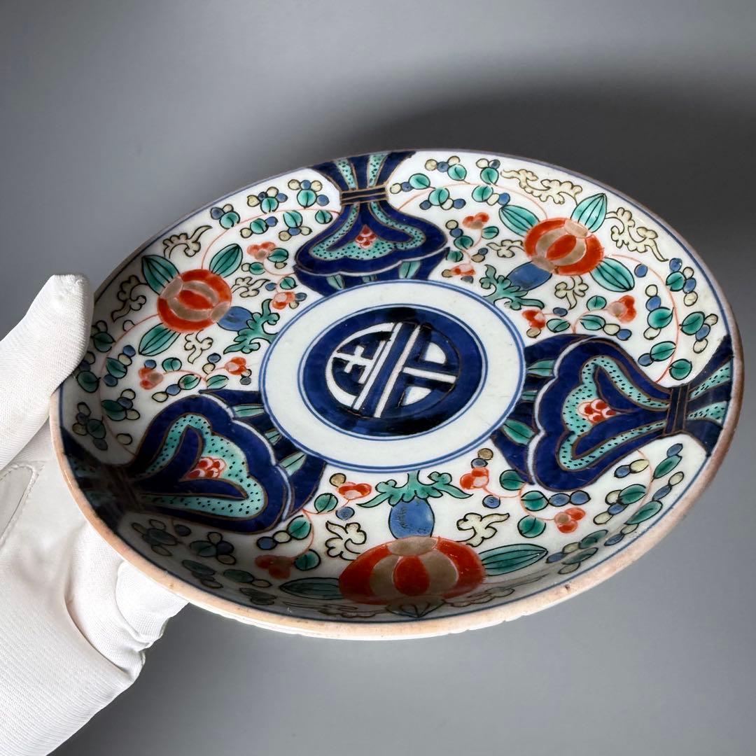 江戸時代　古伊万里　色絵三方花唐草文様皿　五枚　「太明年製」　直径17.6cm