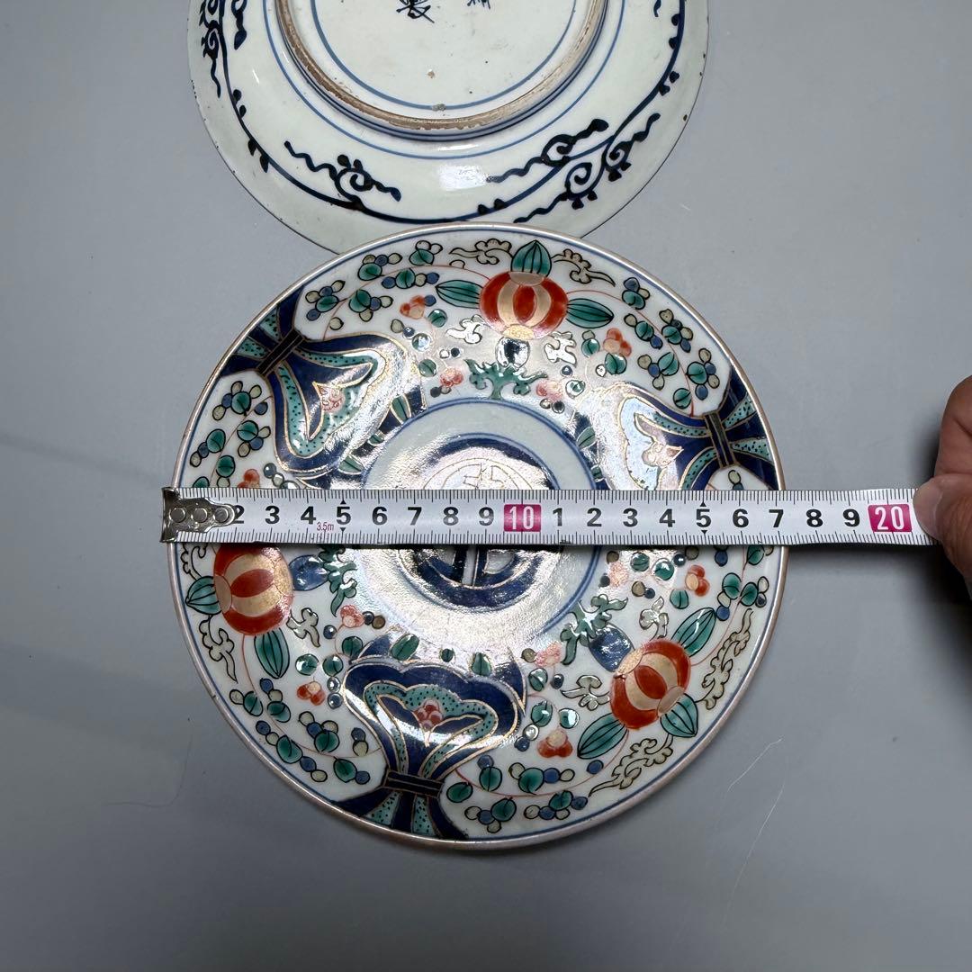 江戸時代　古伊万里　色絵三方花唐草文様皿　五枚　「太明年製」　直径17.6cm