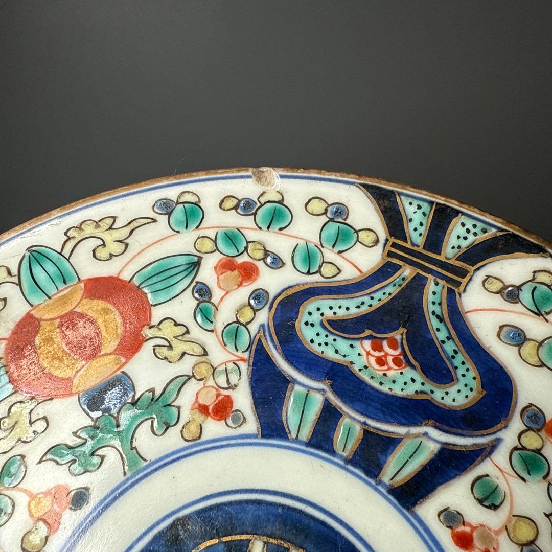 江戸時代　古伊万里　色絵三方花唐草文様皿　五枚　「太明年製」　直径17.6cm
