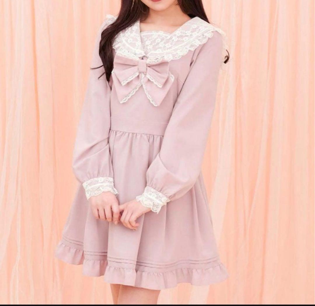 極美品✨完売品 シークレットハニー レースフリルセーラーワンピース 長袖 ピンク