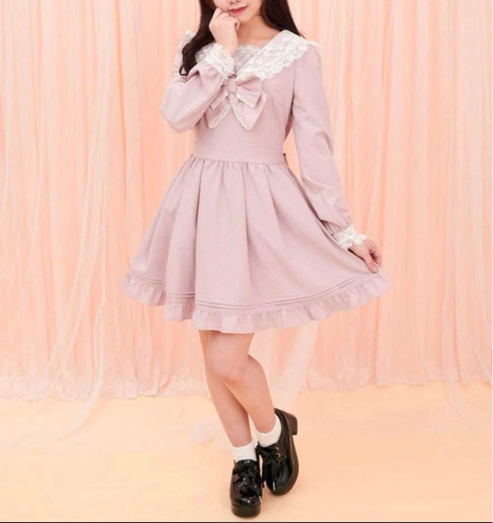 極美品✨完売品 シークレットハニー レースフリルセーラーワンピース 長袖 ピンク