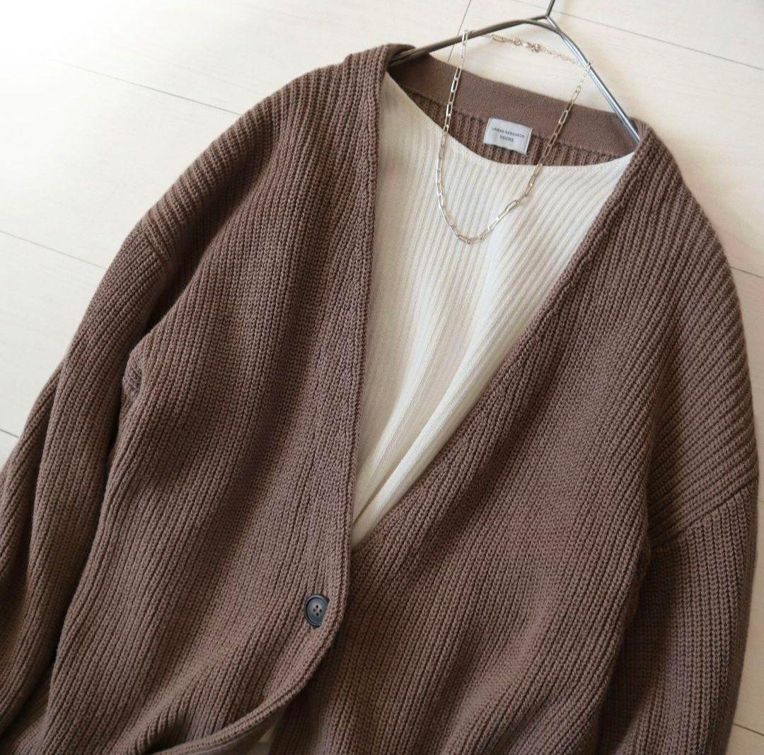 ショコラモカブラウンおしゃれアーバンリサーチドアーズ畦コットンニットカーディガン