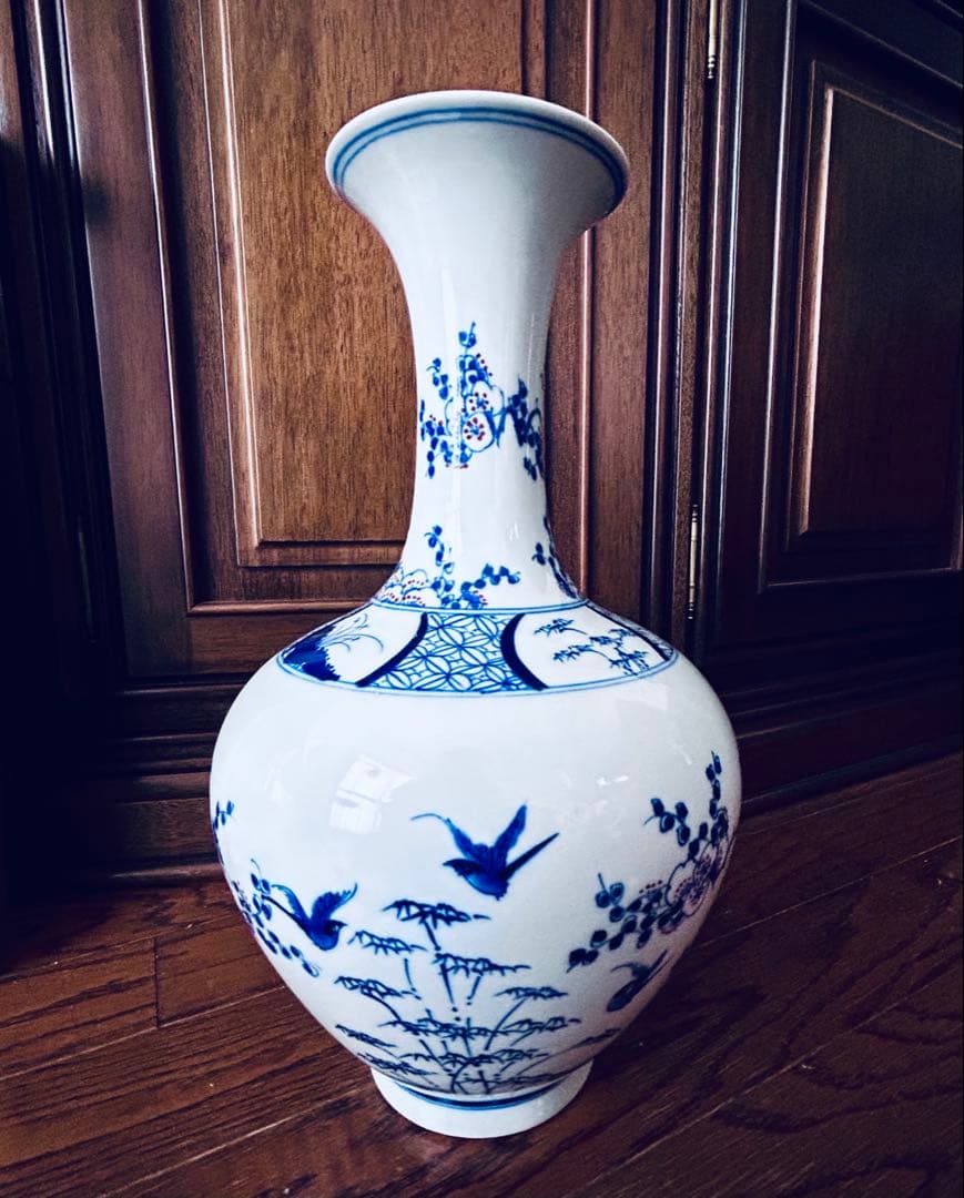 染付　岩に花鳥　花瓶　大
