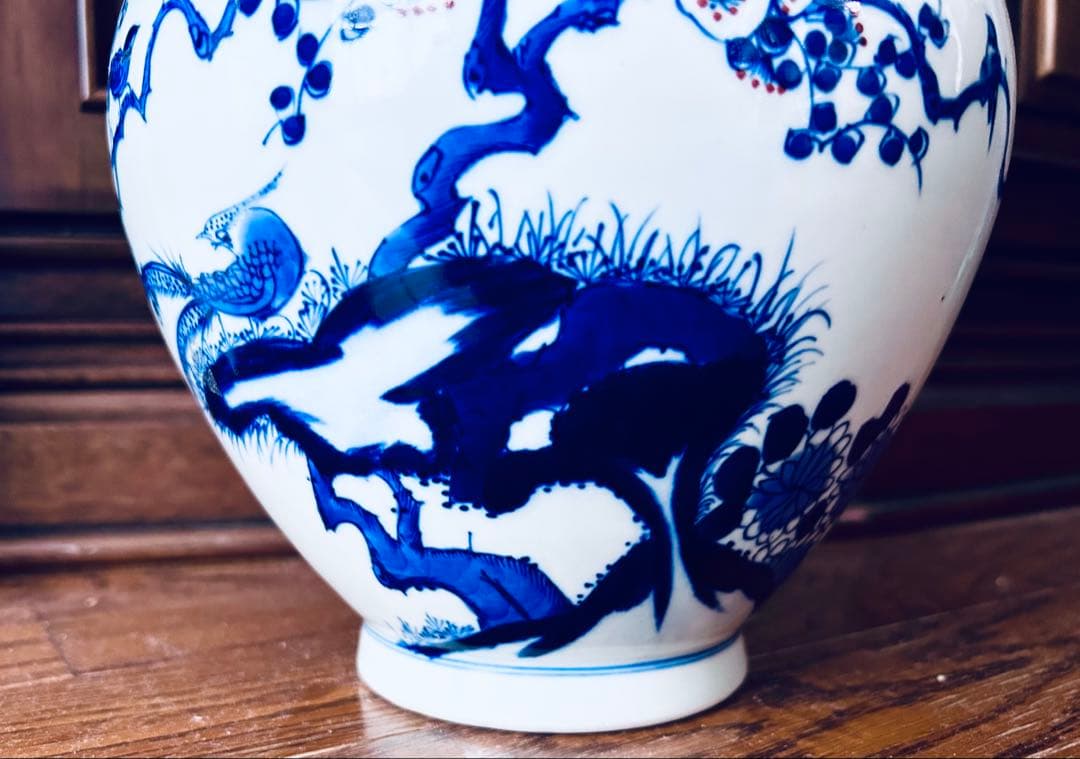 染付　岩に花鳥　花瓶　大