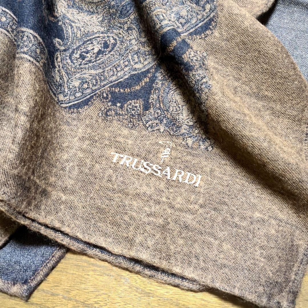 TRUSSARDI 扇と置時計 大判ウールストール ショール 茶系