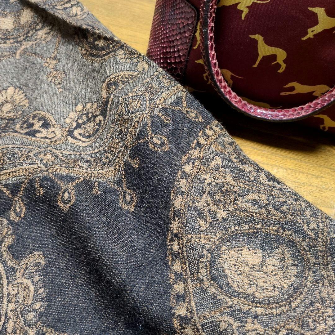 TRUSSARDI 扇と置時計 大判ウールストール ショール 茶系