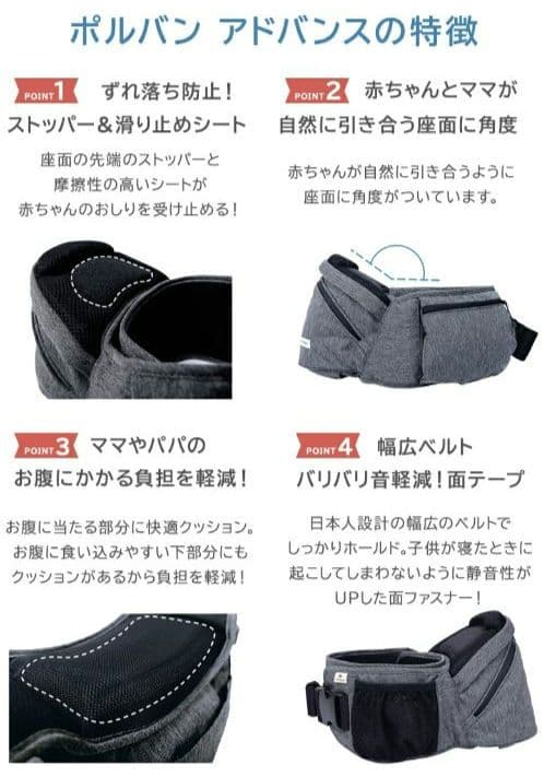 【美品】ポルバンアドバンス　ヒップシート　メランジグレー　シングルショルダー付