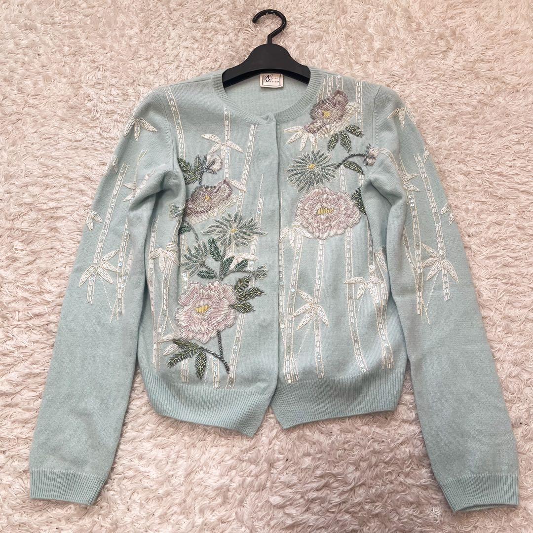 ケイタマルヤマ アンサンブル カーディガン カシミヤ100 花柄 ビジュー