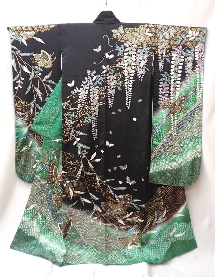 極上品 正絹 振袖 袋帯 2点セット 金彩 辻が花 藤に蝶 絞り 身丈156cm