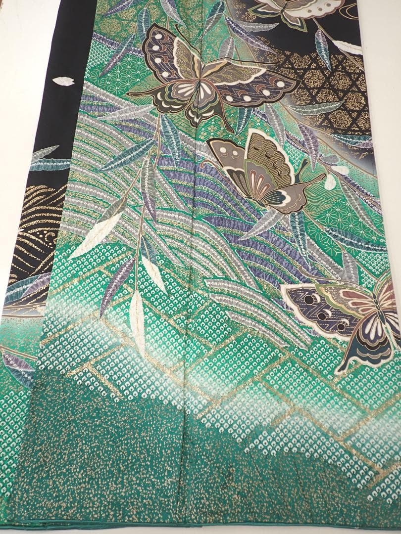 極上品 正絹 振袖 袋帯 2点セット 金彩 辻が花 藤に蝶 絞り 身丈156cm
