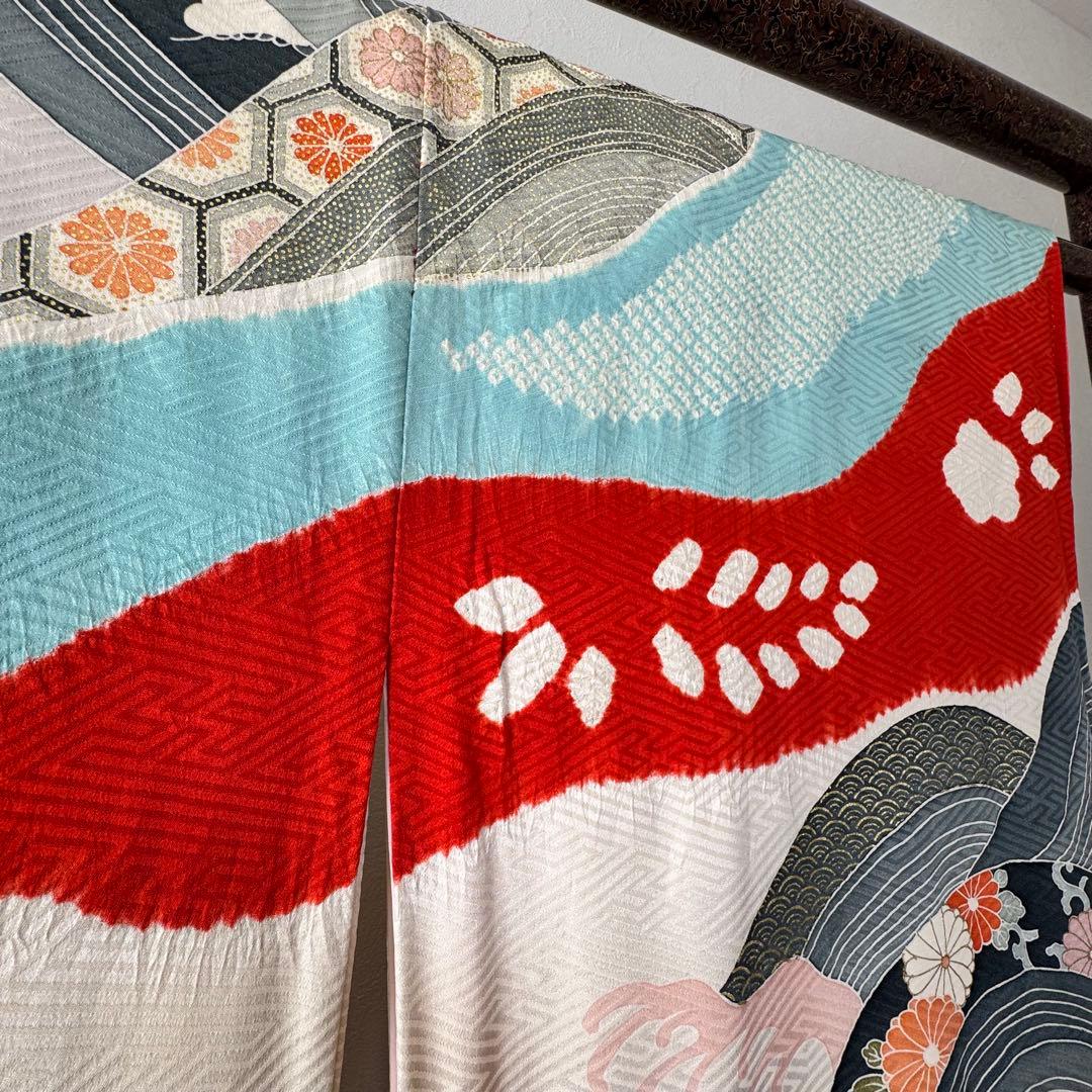 美品　現代　振袖　成人式　着物　170裄176.5 白　水色　赤　絞り　トール
