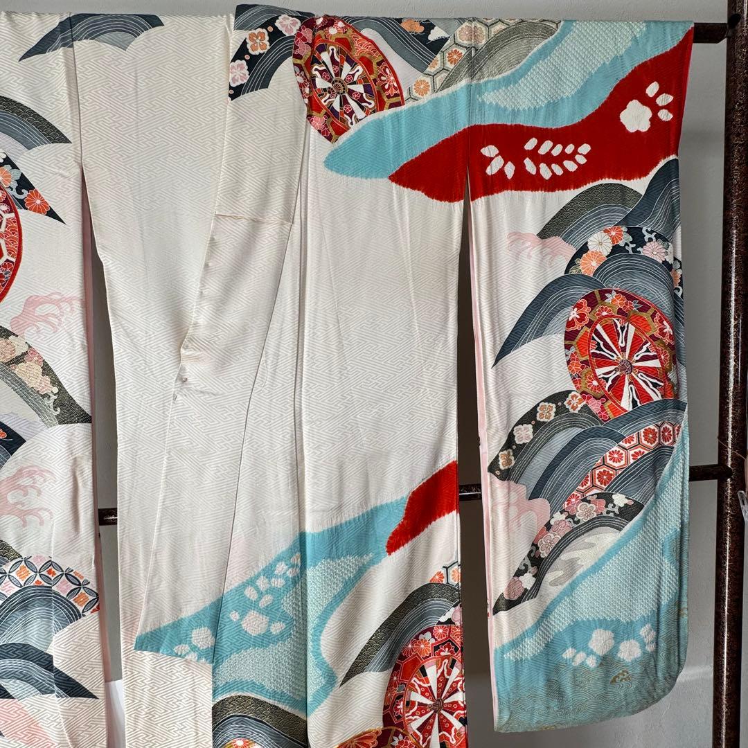 美品　現代　振袖　成人式　着物　170裄176.5 白　水色　赤　絞り　トール