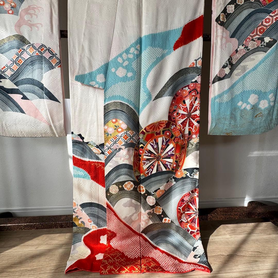 美品　現代　振袖　成人式　着物　170裄176.5 白　水色　赤　絞り　トール