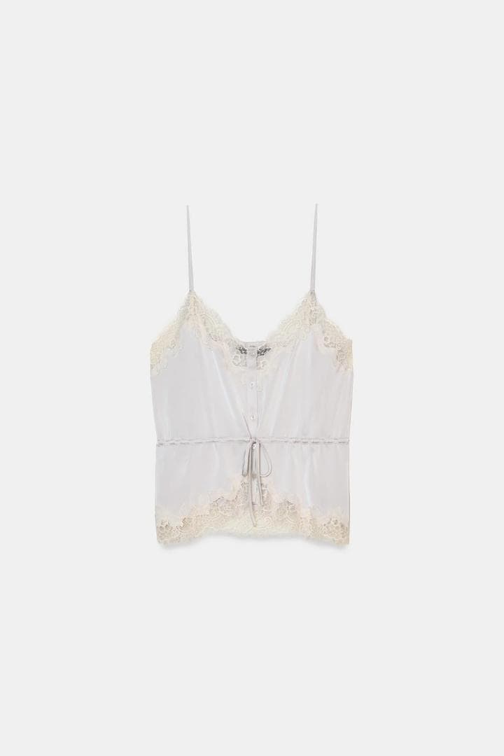 ZARA サテン レースキャミソール パールグレー S