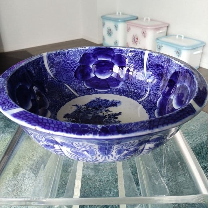 骨董 厚手藍鉢 (大鉢) 京都骨董店購入品 アンティーク ベロ藍 訳あり品です。