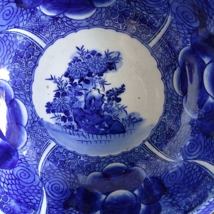 骨董 厚手藍鉢 (大鉢) 京都骨董店購入品 アンティーク ベロ藍 訳あり品です。