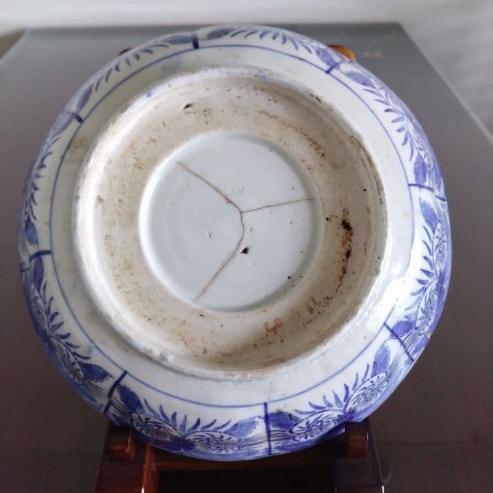 骨董 厚手藍鉢 (大鉢) 京都骨董店購入品 アンティーク ベロ藍 訳あり品です。