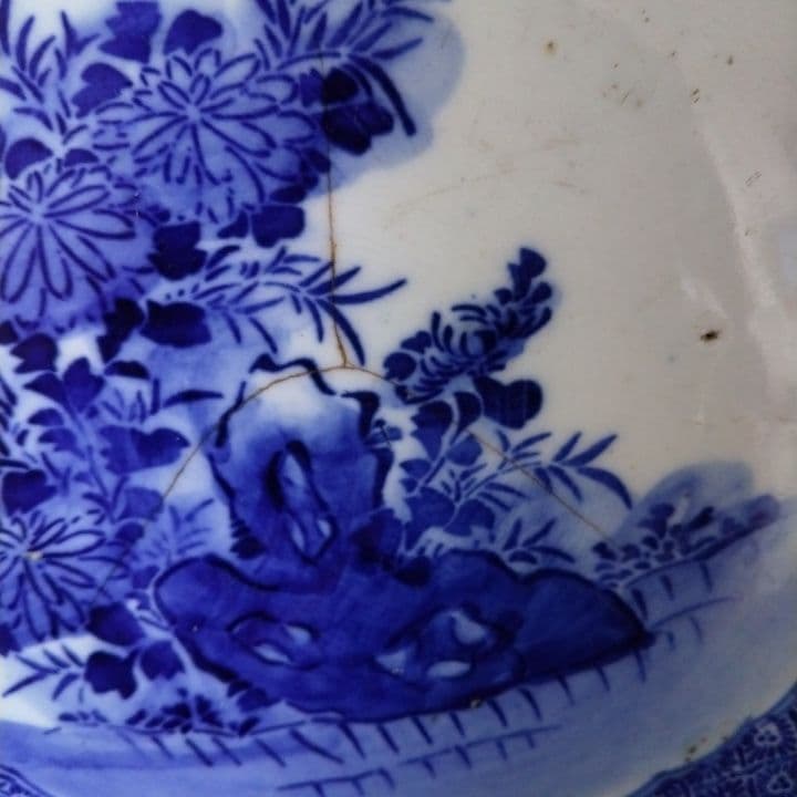 骨董 厚手藍鉢 (大鉢) 京都骨董店購入品 アンティーク ベロ藍 訳あり品です。