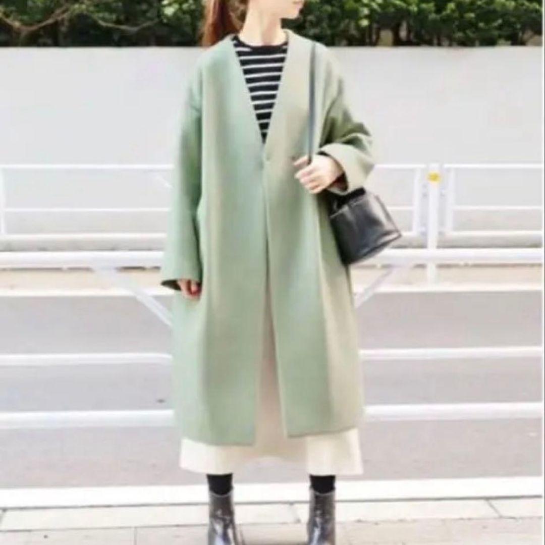 美品✨イエナ マンテコ生地 ノーカラーロングコート ミントグリーン 38