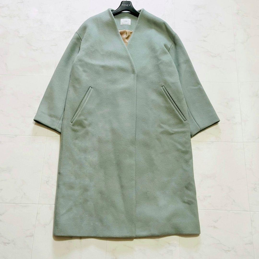 美品✨イエナ マンテコ生地 ノーカラーロングコート ミントグリーン 38