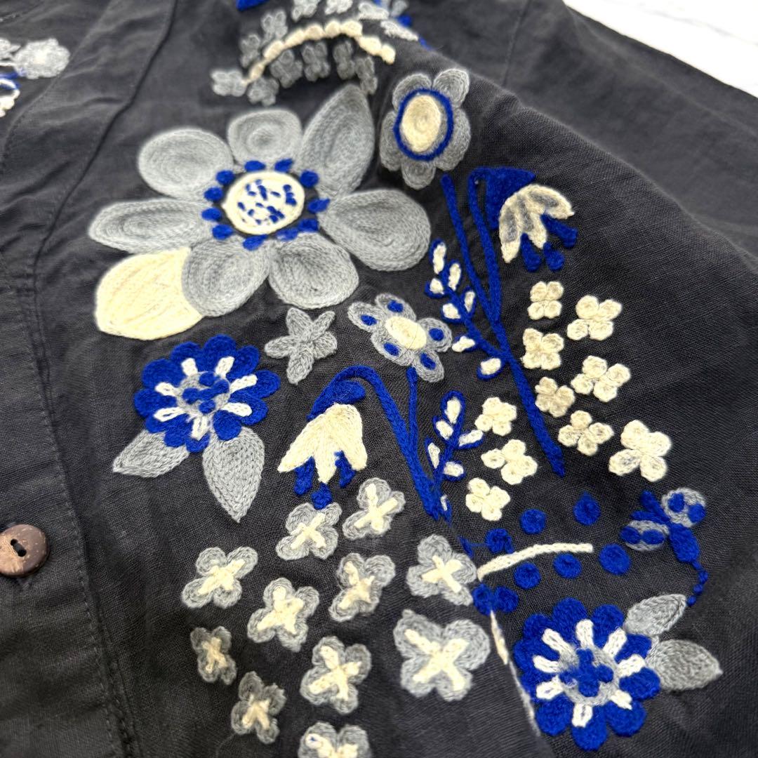 マーブルシュッド✨定価2.2万✨リネン花柄刺繍ワンピース　グレー　麻100%