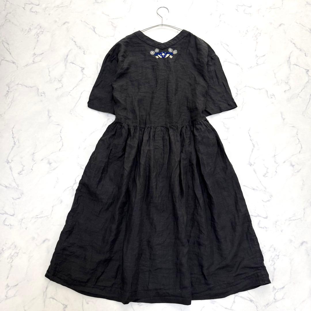 マーブルシュッド✨定価2.2万✨リネン花柄刺繍ワンピース　グレー　麻100%