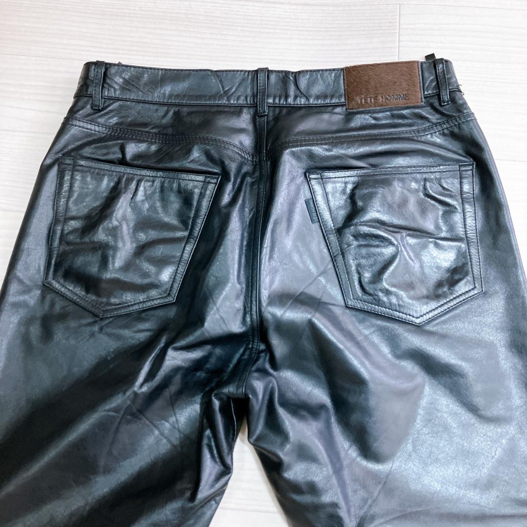 【美品】　テットオム　メンズ牛革ジッパーフライテーパードレザーパンツブラック