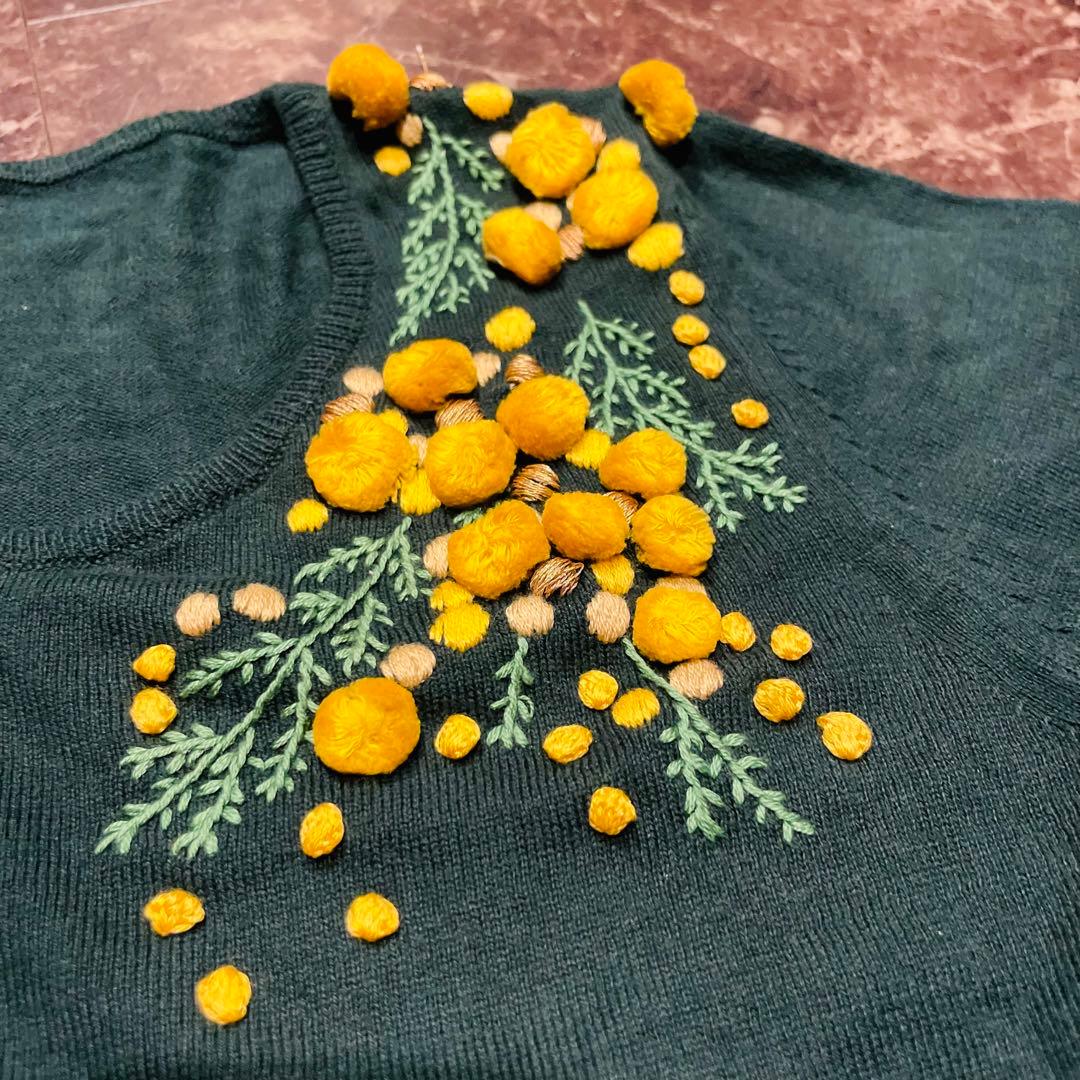 美品✨ケイタマルヤマ 綿カーディガン ミモザ刺繍 S～Mサイズ 希少