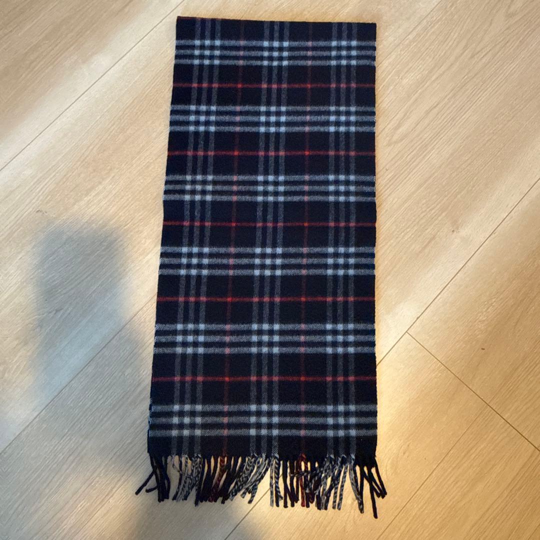 即発送　BURBERRY/バーバリー カシミヤチェックマフラーネイビー
