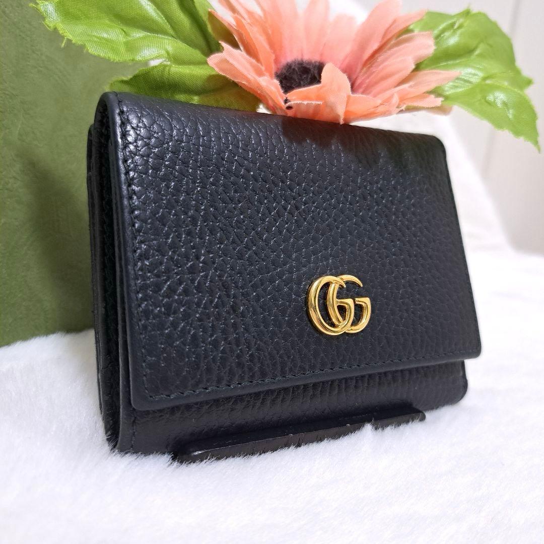 ✨極美品✨グッチ　三つ折り　マーモント　レザー　ブラック　黒　GG金具