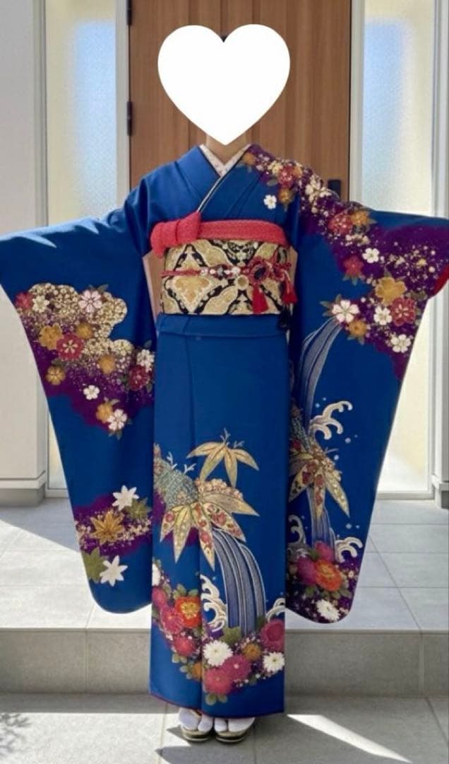 【溝口様お取り置き】 古典柄 青地振袖 正絹 完全フルセット 振袖一式