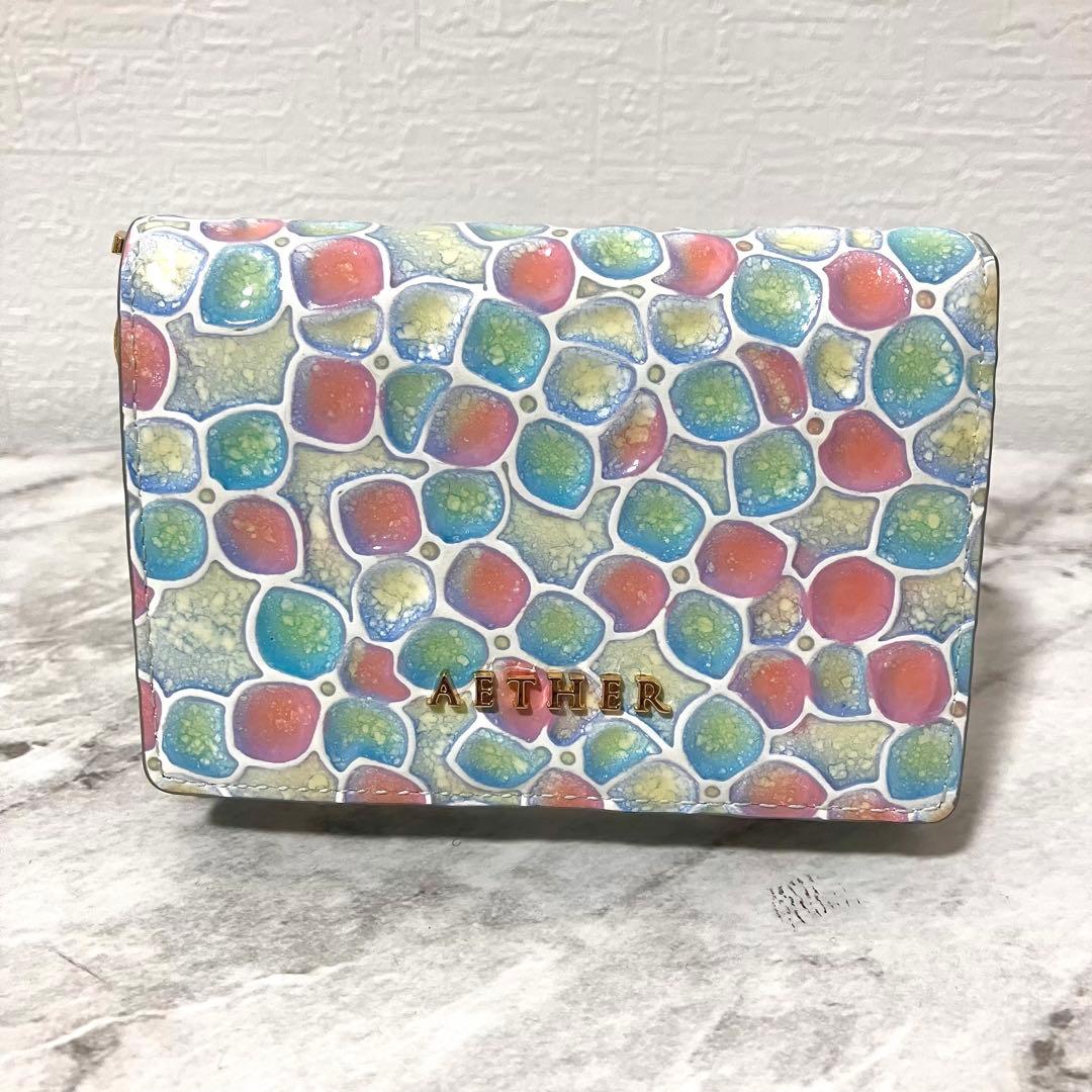 希少✨エーテル AETHER オルテンシア 紫陽花柄 エナメルレザー 折り財布