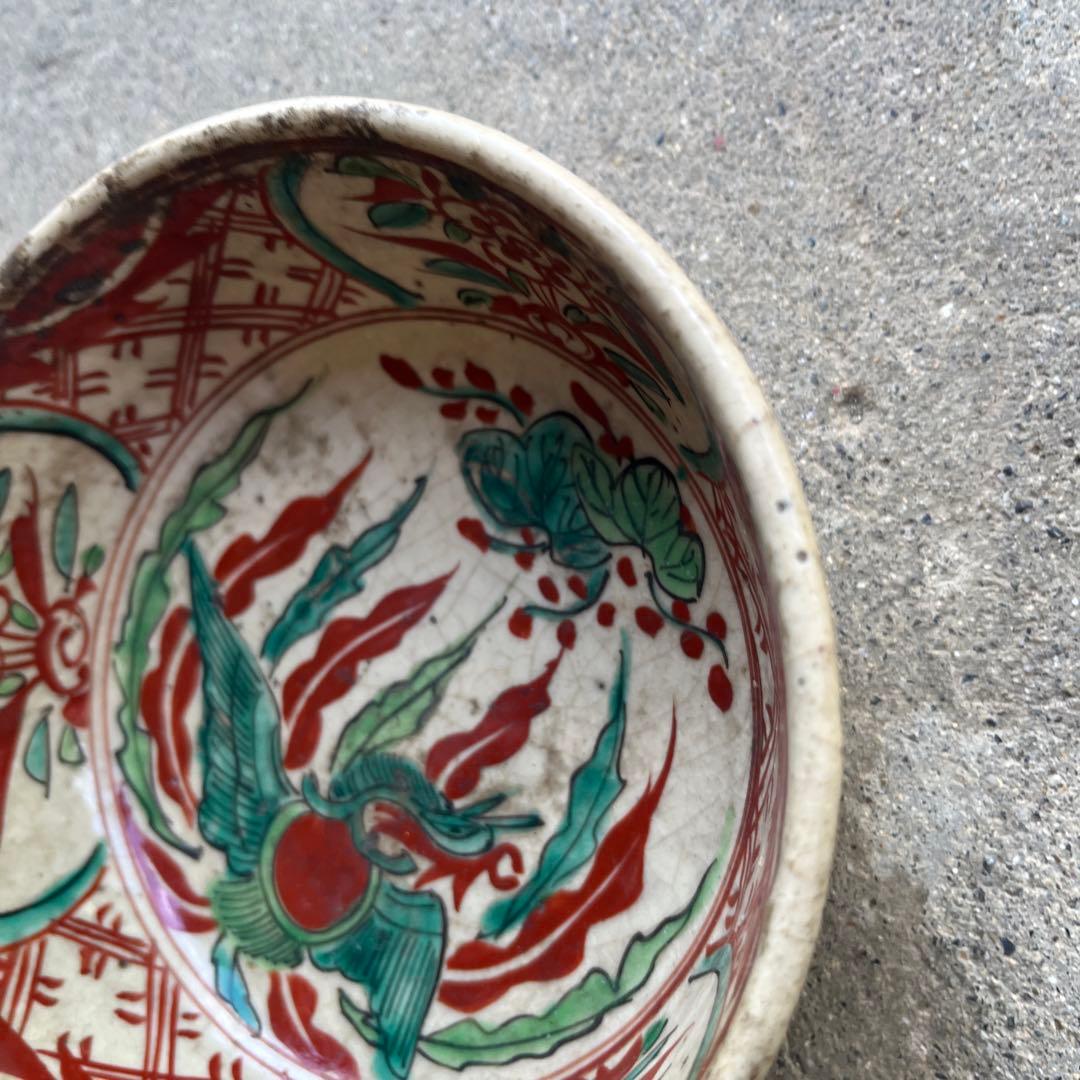 骨董　古犬山焼　赤絵　菓子器　赤玉　なます皿　江戸後期　金継ぎ